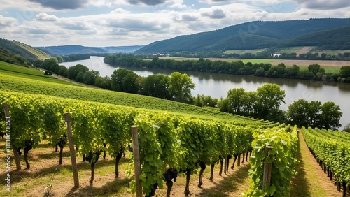 Sunny vineyard landscape with rows of green vines, a dirt path, and a tranquil river backdrop.