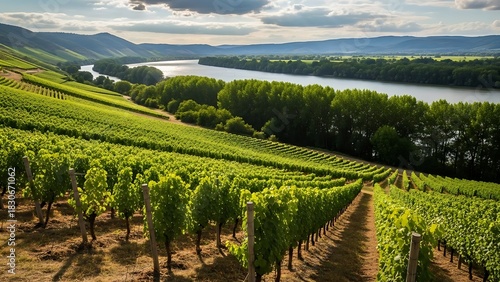 Sunny vineyard landscape with rows of green vines, a dirt path, and a tranquil river backdrop.