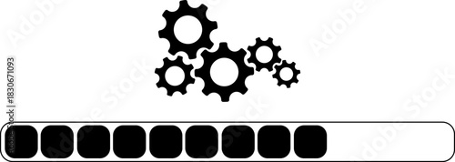 System Process Graphic Interlocking Black Gear Icons with Progress Bar for Loading Status and Operational Workflow Visualization