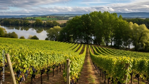 Sunny vineyard landscape with rows of green vines, a dirt path, and a tranquil river backdrop.