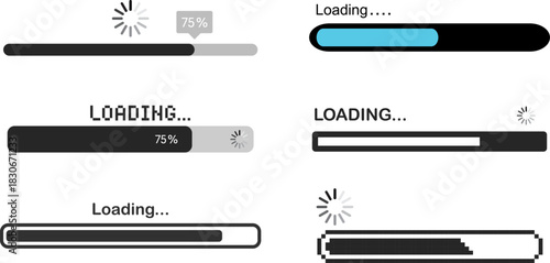 UI Process Indicators Six Progress and Loading Bar Designs with Spinner Icons and Percentage Displays for User Interface Feedback