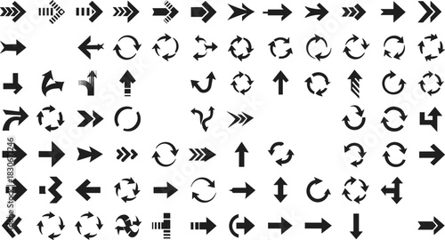 Arrow icons set with circular arrows, direction signs, navigation symbols, rotation loops, refresh arrows, and pointing indicators for UI and infographic design