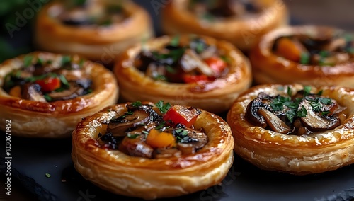 Wallpaper Mural Savory mushroom tartlets with flaky pastry, topped with herbs and colorful vegetables, perfect for appetizers or party finger food. Torontodigital.ca
