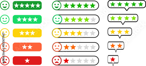 Feedback Interface Toolkit Multi Style Five Star Rating Systems with Traffic Light Colors and Integrated Emoticon Scales for User Reviews