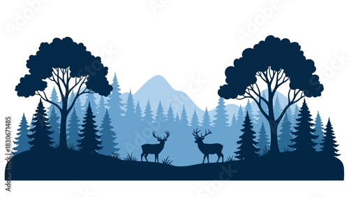 Beautiful blue monochrome forest landscape illustration with majestic deer, tall trees, and serene distant mountains