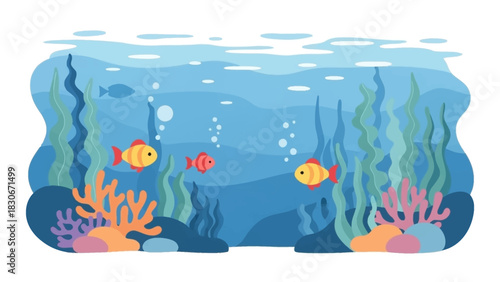 Underwater Scene Illustration Colorful Fish Swimming Among Coral and Seaweed