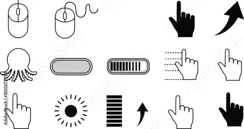 Computer mouse icons, hand gesture clicks, touch interaction symbols, loading bars, arrows, brightness controls, user interface elements, digital navigation graphics