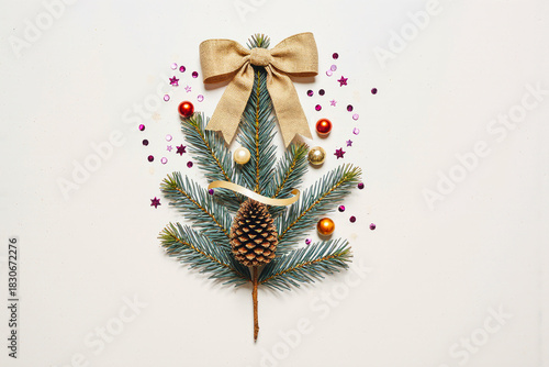 Festive christmas tree branch with ornaments and pinecone