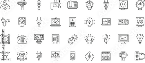 Electrical device line icon set featuring plugs, sockets, bulbs, phones, laptops, power cables, monitors, connectors, energy tools and electronic equipment