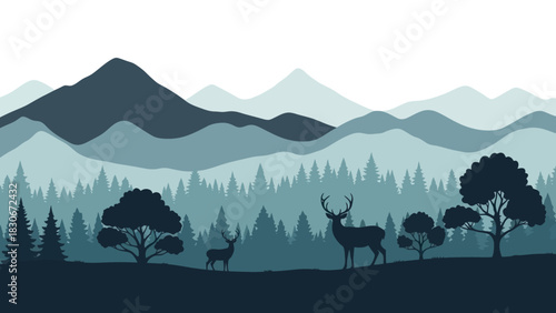 Vector illustration of deer silhouettes in a misty blue mountain forest landscape