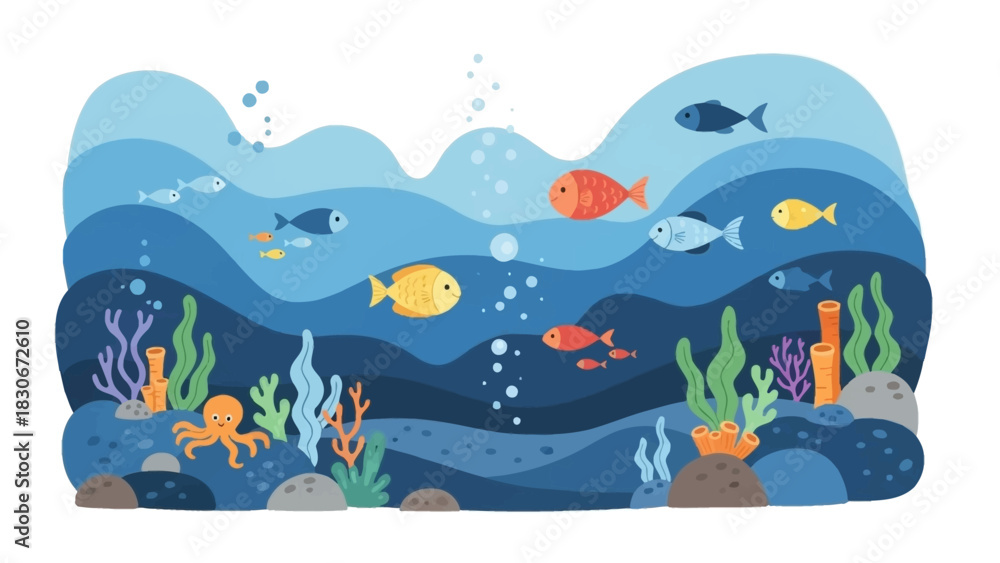 Naklejka premium Underwater scene illustration featuring colorful fish, coral, and aquatic life in the ocean