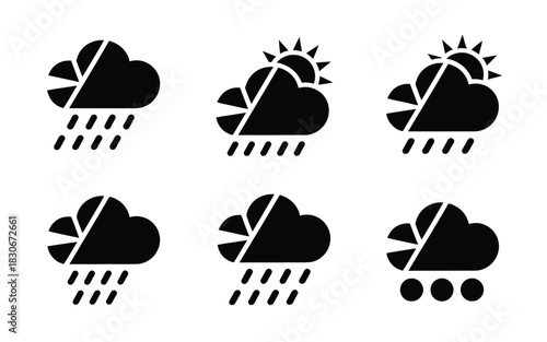 Set of six black and white weather icons depicting rain and sun