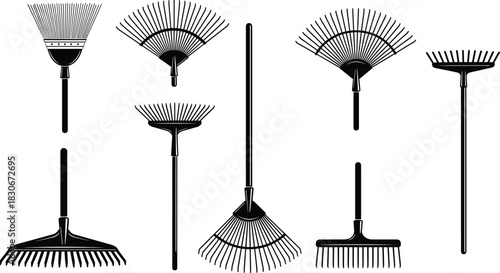 Black Silhouette Collection of Rakes for Gardening and Yard Work, Featuring Various Styles of Lawn and Leaf Rakes, Representing Agricultural and Home Tools