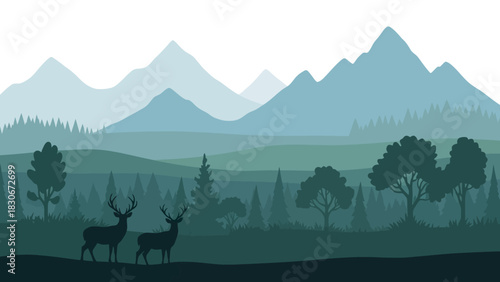 Serene Mountain Landscape with Deer Silhouette Vector Illustration