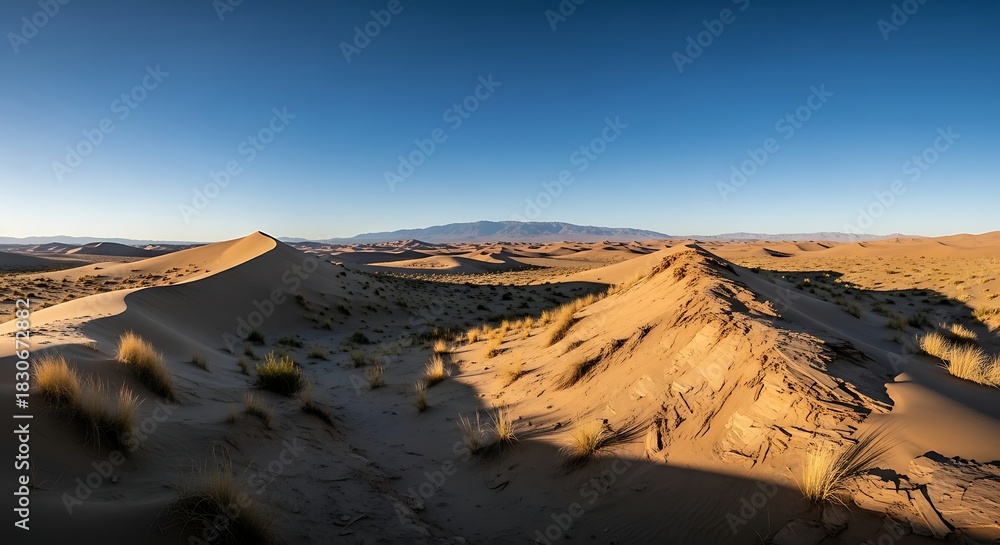 Naklejka premium Golden Light on Expansive Desert Dunes and Distant Mountains