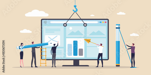 Team building a website collaboration design and development process illustration