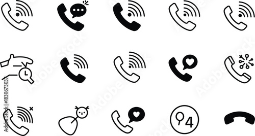 Phone call icon set featuring ringing receivers, missed calls, chat bubbles, love reactions, communication alerts, incoming calls, voicemail, and connection symbols