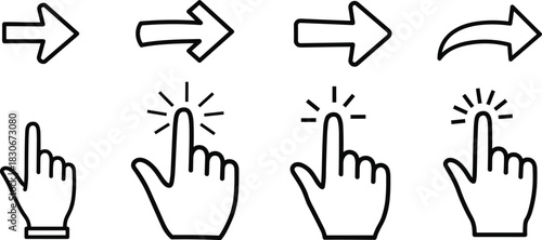 Set of arrow direction icons and hand click gesture symbols, perfect for UI navigation, touch interaction, pointer actions, and interface design