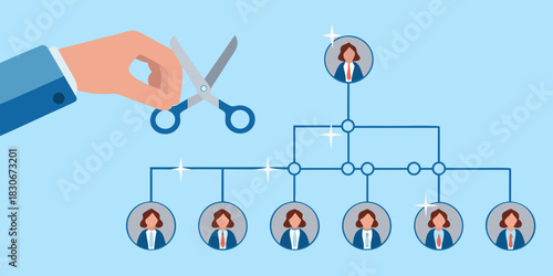 Organizational restructuring scissors cutting an organization chart for streamlining and efficiency