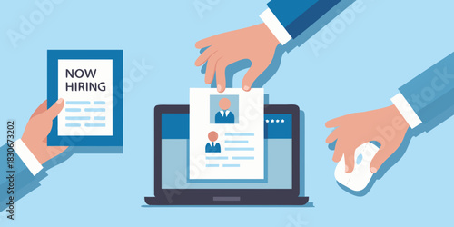 Online job search and recruitment process with laptop and resume review