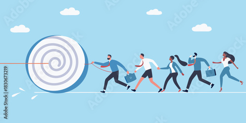 Teamwork and leadership business people pulling together to achieve a common goal