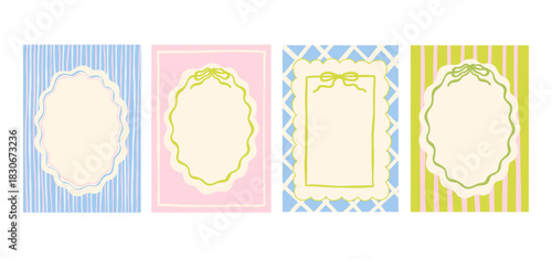 Hand drawn cottagecore colorful frame, oval and rectangle childish borders set, cute vector flat illustrations