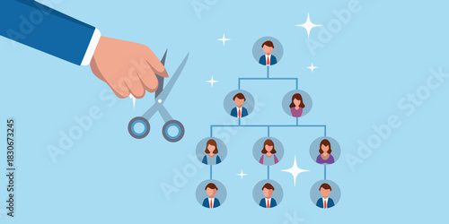 Downsizing or restructuring hand with scissors cutting an organizational chart