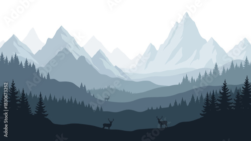 Tranquil mountain range landscape with deer amidst nature's serene beauty