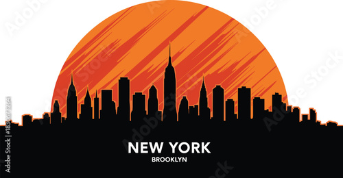 New York City Skyline Silhouette Vector Illustration, Manhattan and Brooklyn Skyscrapers Against a Vibrant Sunset, Urban Travel Poster Design.