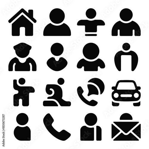 Collection of simple black icons representing people home phone and car