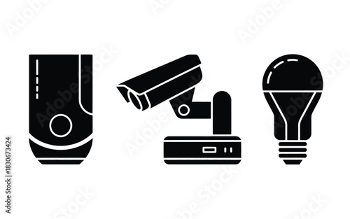 Smart home devices icons security camera light bulb and usb drive