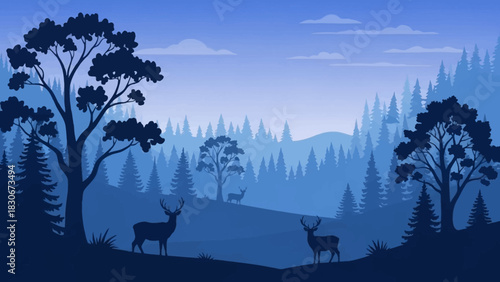 Serene Silhouette Forest Landscape with Deer at Dusk in Blue Hues