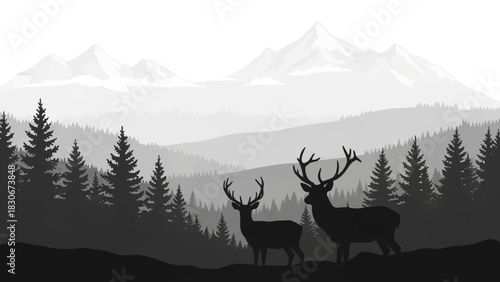 Majestic Deer Silhouette Amidst Mountain and Forest Landscape