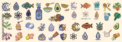 Whimsical hand drawn sticker vector sheet close up composition of natural supplement icons with avocado honey omega 3 aloe vera ginger cream jar pastel lighting playful