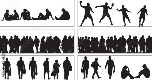 Silhouettes of People in Various Activities and Poses Illustration