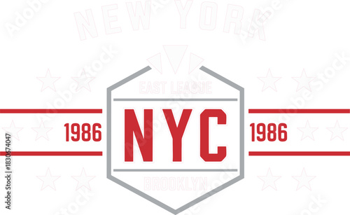 NYC East League 1986 Brooklyn Print Design, New York Typography Badge, Vintage Sports Graphic, Stars and Stripes T-Shirt Vector
