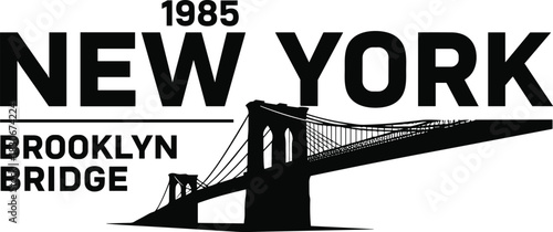 New York 1985 Brooklyn Bridge Silhouette, NYC Landmark Graphic, City Skyline T-Shirt Print, Black and White Vector Typography