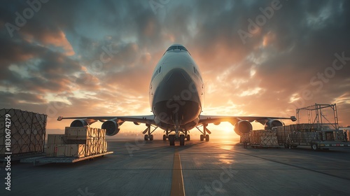 Majestic airplane parked at sunset, surrounded by cargo, showcasing aviation beauty.
