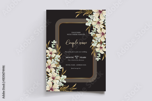 WEDDING INVITATION FRAME WITH FLOWER DECORATIONS AND FRESH LEAVES