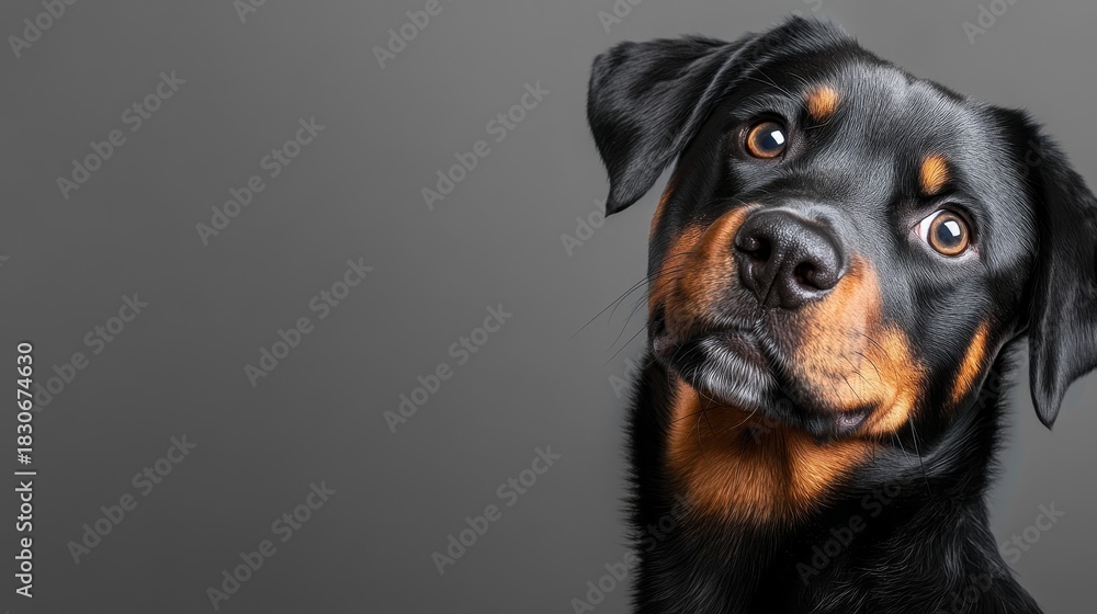 Fototapeta premium Adorable Rottweiler Puppy Portrait with Expressive Eyes and Charming Demeanor Against Gray Backdrop