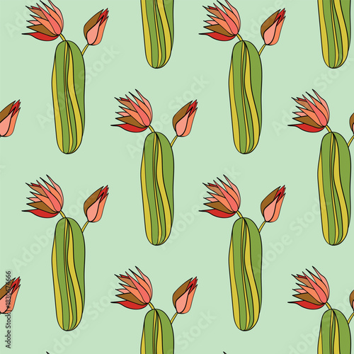 Seamless pattern with cacti, blooming succulent on color background. Vector hand drawn illustration for packaging, fabric, textile. Wild west cactus, western concept.