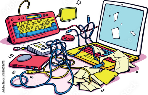 Cluttered desk with tangled cables and electronic devices