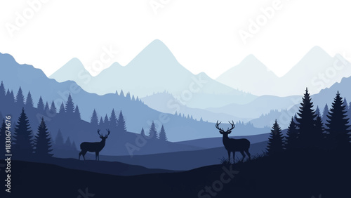 Serene Forest Scene Featuring Silhouetted Deer with Mountain Landscape in Shades of Blue