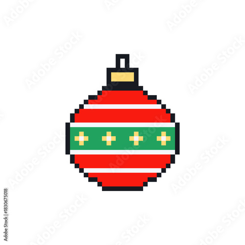 Pixel art Christmas bauble with geometrical ornament. Retro 8-bit style holiday decoration featuring festive pixel graphics perfect for gaming projects and seasonal designs.