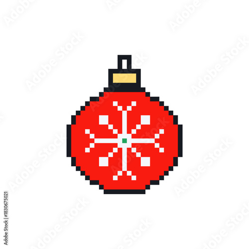 Pixel art Christmas bauble with snowflake ornament. Retro 8-bit style holiday decoration featuring festive pixel graphics perfect for gaming projects and seasonal designs.