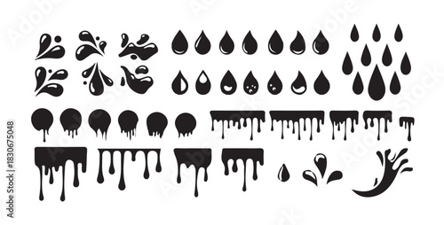 Set of black liquid drops and splatters isolated on white background. Water splash collection.