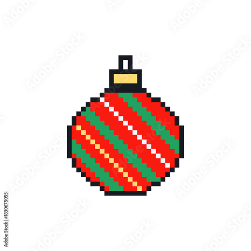 Pixel art Christmas bauble with diagonal stripped ornament. Retro 8-bit style holiday decoration featuring festive pixel graphics perfect for gaming projects and seasonal designs.