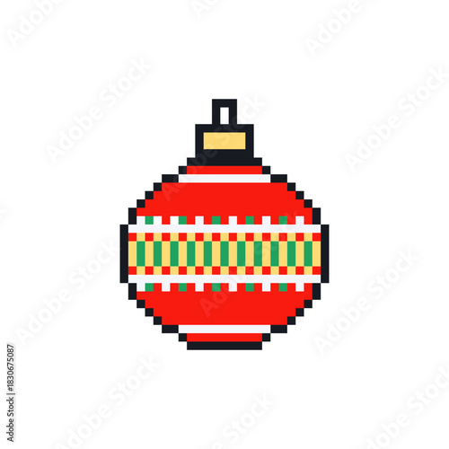 Pixel art Christmas bauble with horizontal stripped ornament. Retro 8-bit style holiday decoration featuring festive pixel graphics perfect for gaming projects and seasonal designs.