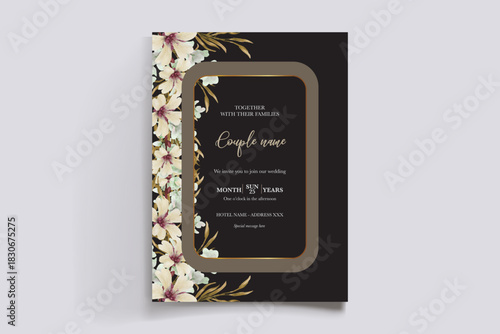WEDDING INVITATION FRAME WITH FLOWER DECORATIONS AND FRESH LEAVES