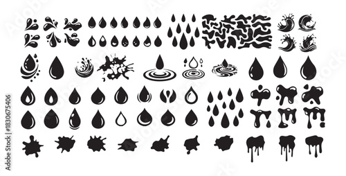 Diverse set of black water drops, splashes, and waves on white. Liquid elements collection.